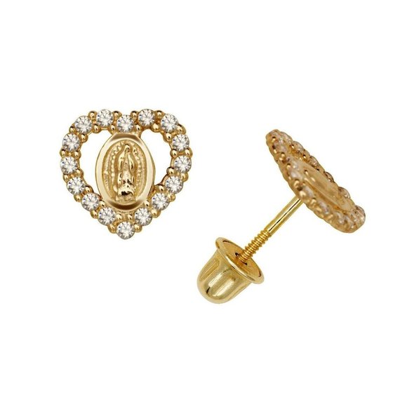 14K Yellow Gold Jesus Heart Shaped Love Screw Back Earrings 8mm